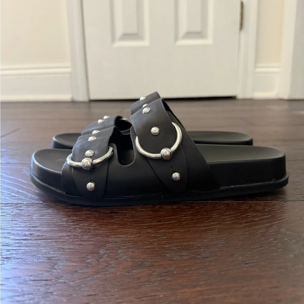 Rebecca Minkoff Black Leather Slide Sandals with Silver Accents - Picture 3 of 7